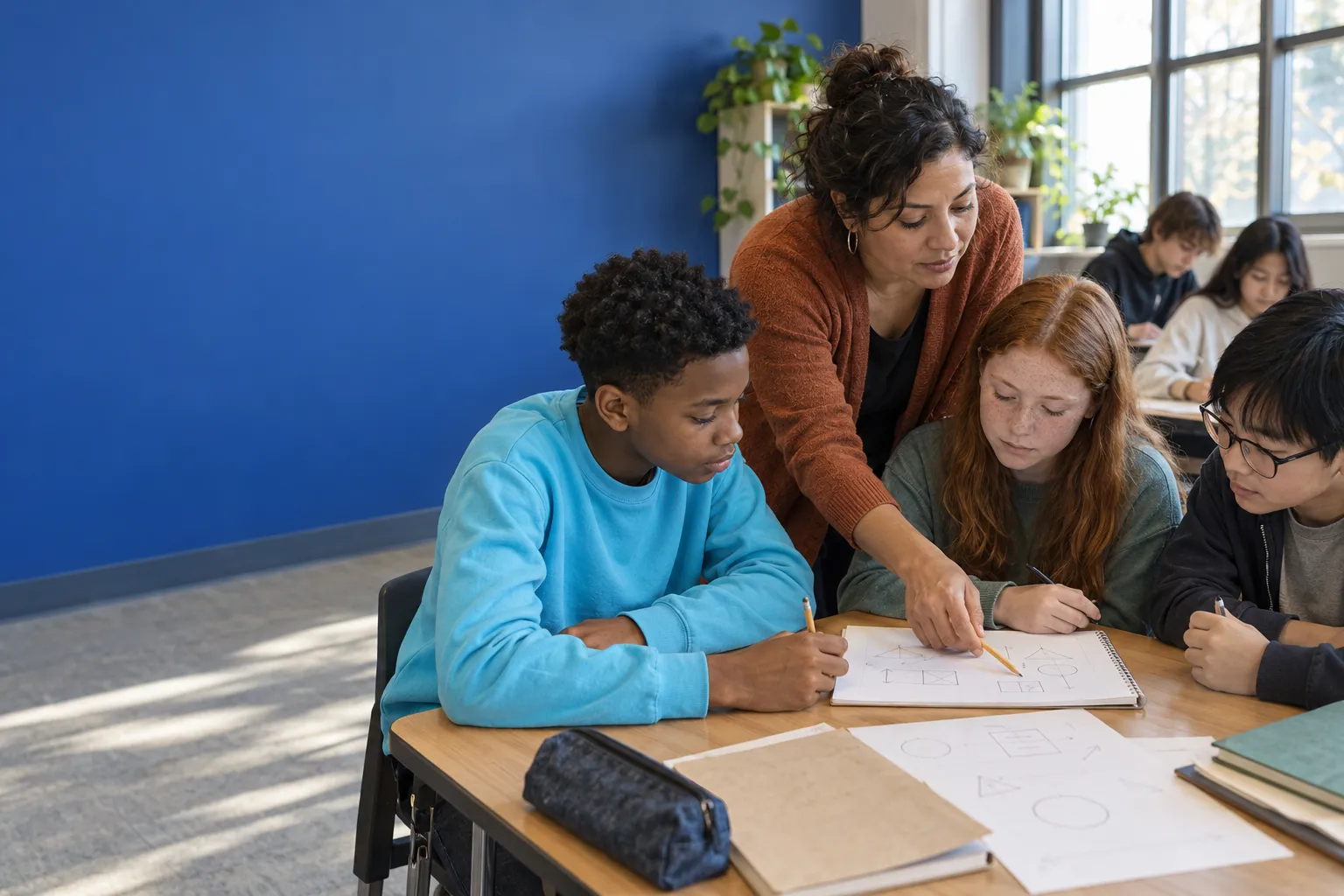 A teacher leans in to one small group while other students build and discuss in a sunlit classroom.