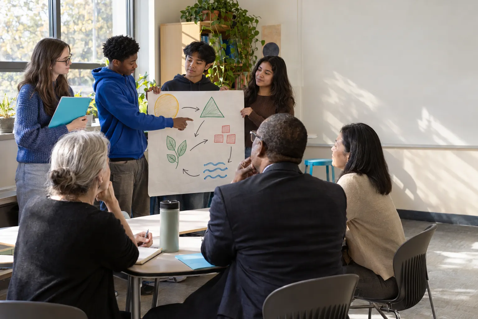 Students present their recommendations to three school leaders, who listen and smile.